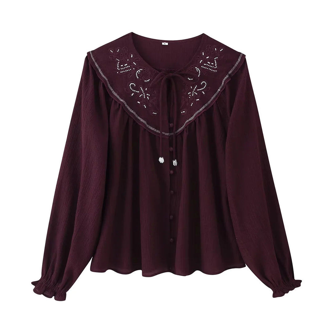 Damen nan bestickte Bluse mit übergroßem Kragen, Bindeschleife und geknöpfter Front Echo Archiv
