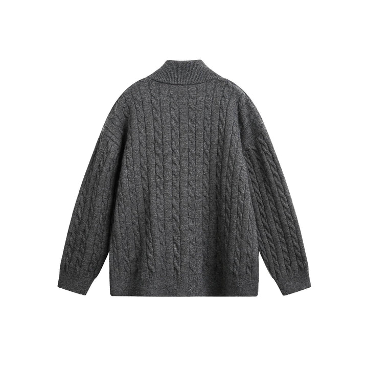 Unisex Grobstrick-Pullover mit Zopfmuster, hohem Stehkragen und Zwei-Wege-Reißverschluss Echoarchiv