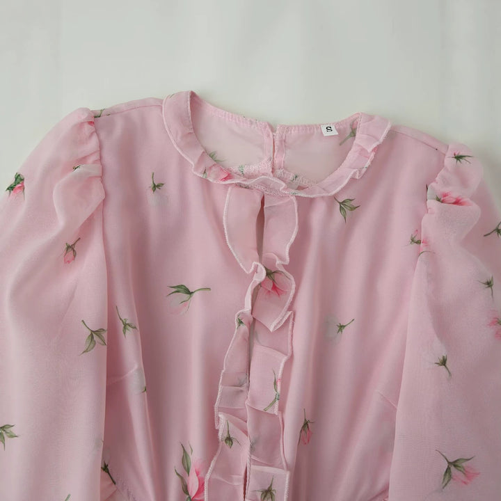 Damen Romantisches Chiffon-Minikleid mit Taillen-Cutouts, Volants und Puffärmeln Echo Archiv