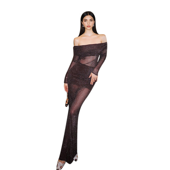 Damen elegantes schulterfreies Maxikleid mit Rüschendetails Echo Archiv