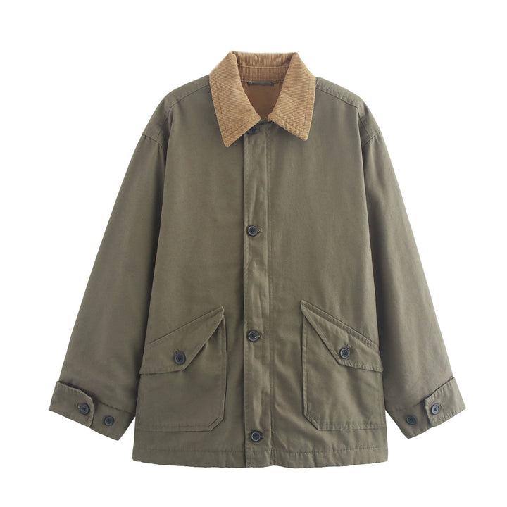 Damen kastige Utility-Overshirtjacke mit kontrast Cordkragen und aufgesetzten Pattentaschen – Célinea
