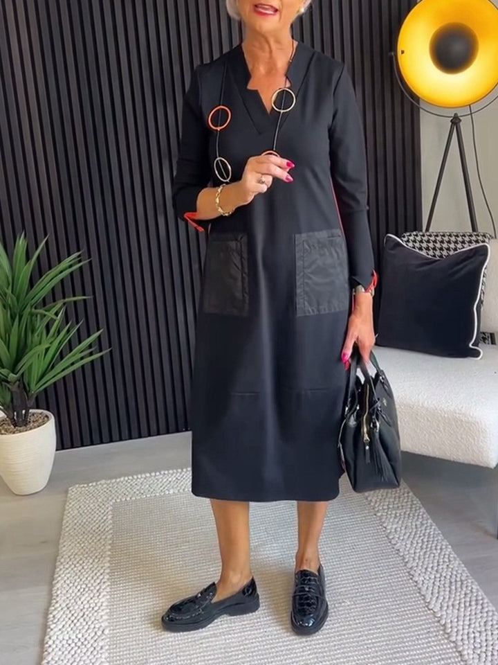 Damen nan knielanges, locker fallendes Kleid mit V-Ausschnitt Kontrasttaschen aus Satin und Dreiviertelärmeln Echo Archiv