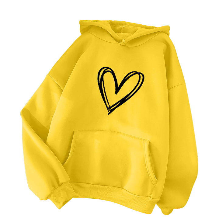 Damen oversized Kapuzenpullover mit handgezeichnetem Herzprint, Kängurutasche und weichem Fleece-Innenfutter – Auréline