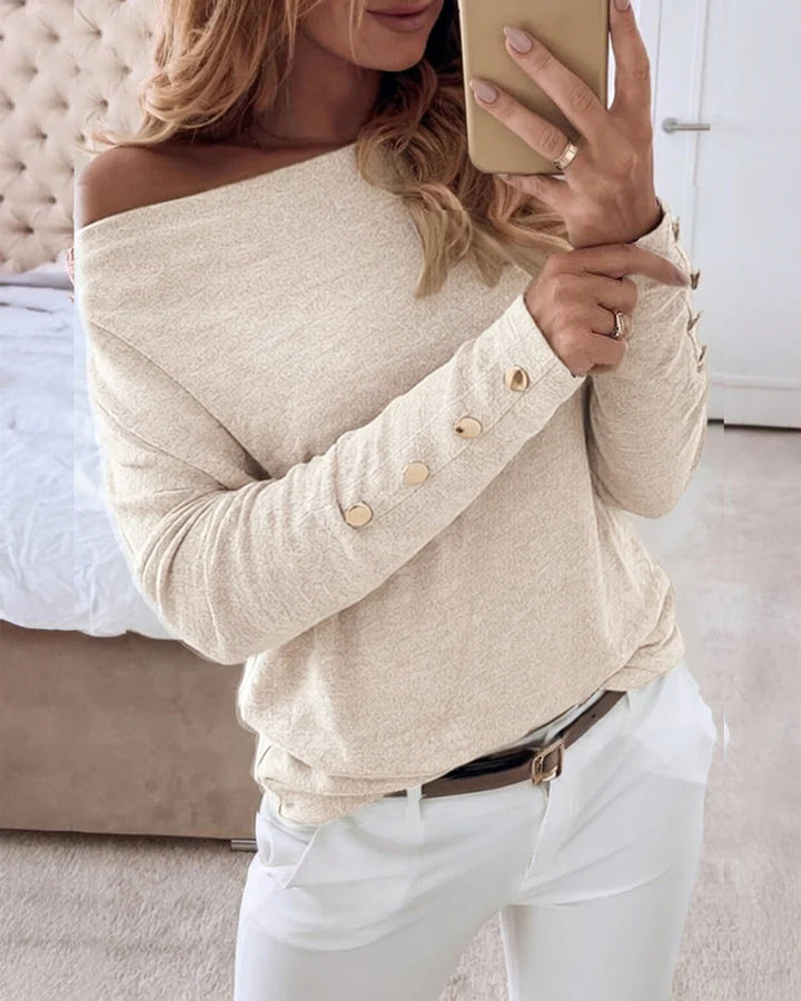 Damen Offshoulder Feinstrickpullover mit Zierknopfleiste an den Ärmeln – Mavelle
