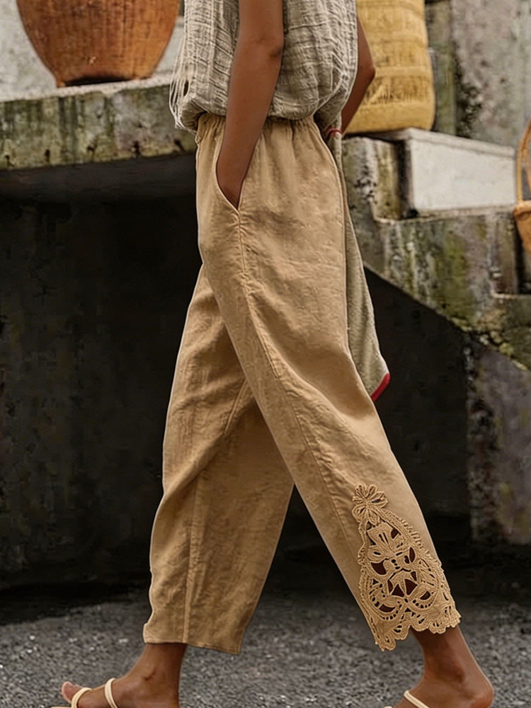 Damen elegante Leinenhose mit Spitzenapplikationen Echo Archiv