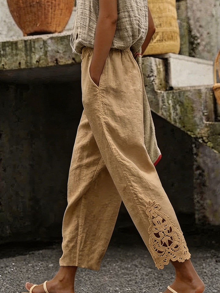 Damen elegante Leinenhose mit Spitzenapplikationen Echo Archiv