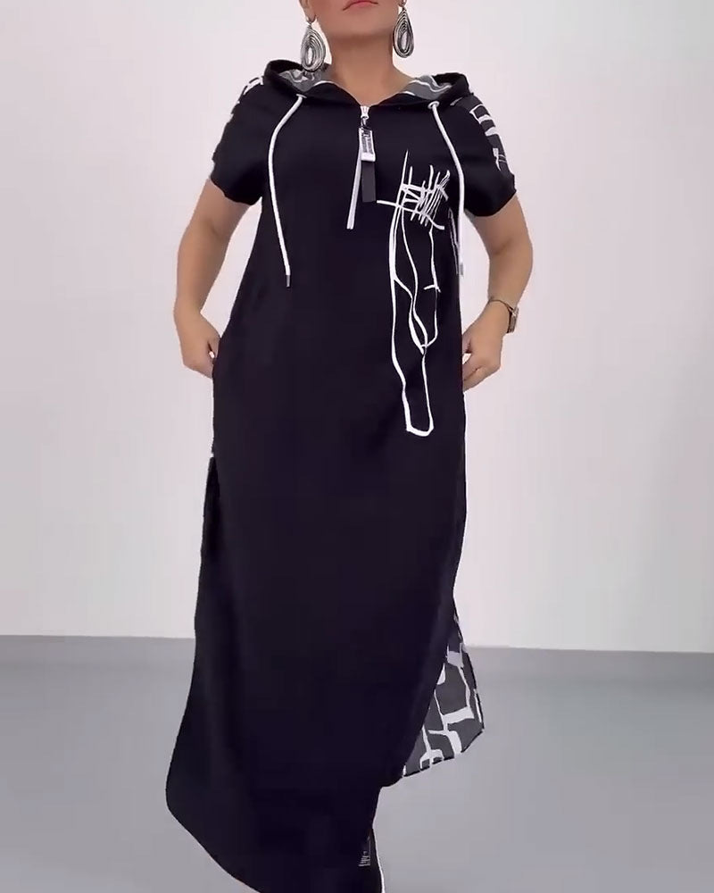 Damen nan urbanes Kapuzen‑Kaftankleid in lockerem Fall mit kurzärmeligem Schnitt und abstraktem Grafikmuster Echo Archiv