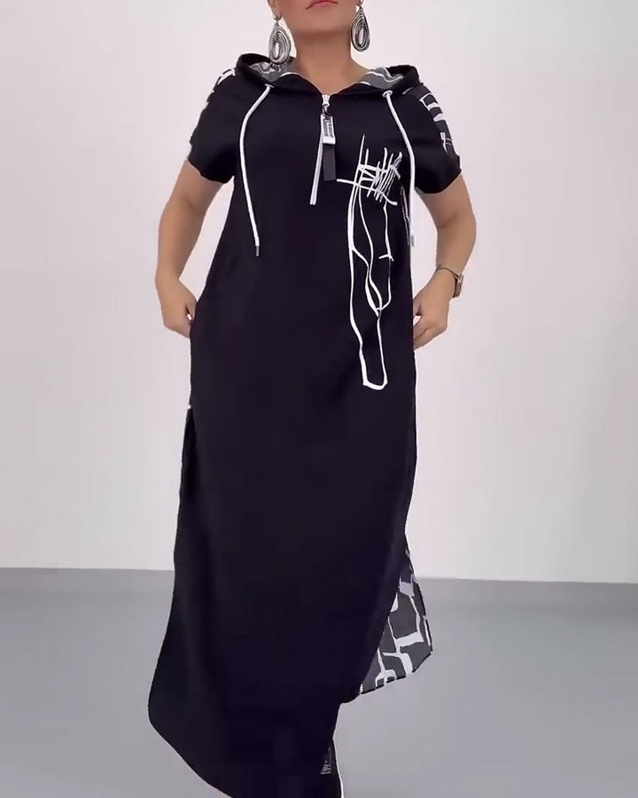Damen nan urbanes Kapuzen‑Kaftankleid in lockerem Fall mit kurzärmeligem Schnitt und abstraktem Grafikmuster Echo Archiv