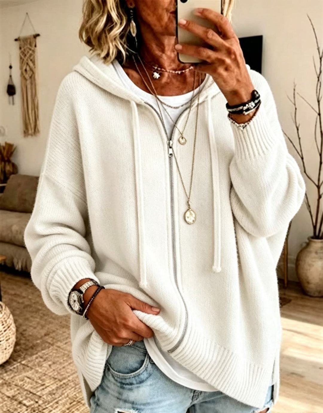 Damen Oversize Kapuzen-Zip-Cardigan aus weichem Feinstrick – Auréline
