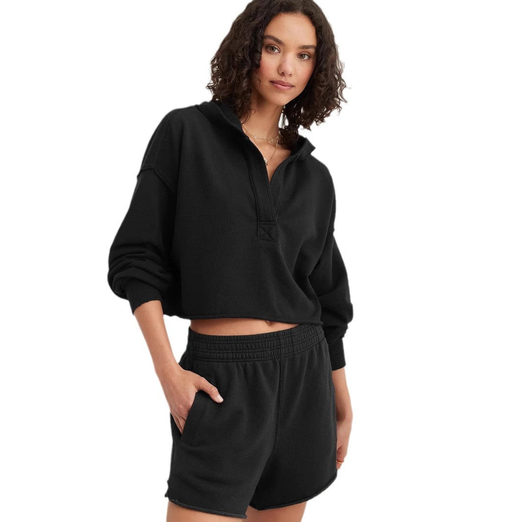 Damen Oversize Kapuzenpullover mit tiefem V-Ausschnitt, offener Knopfleiste und rohem Saum – Auréline