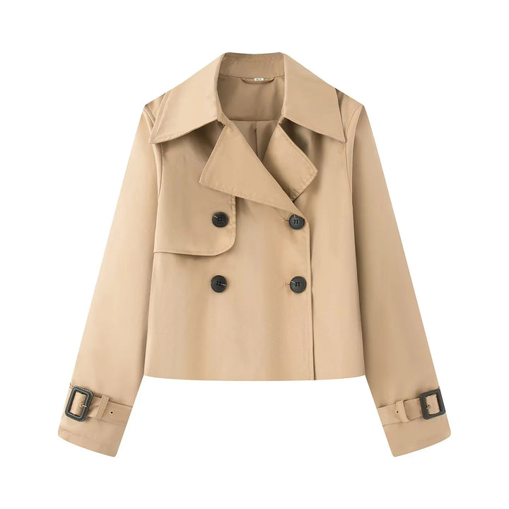 Damen kurz geschnittener Cropped Trenchcoat mit doppelreihiger Knopfleiste und verstellbaren Ärmelriemen – Montévia