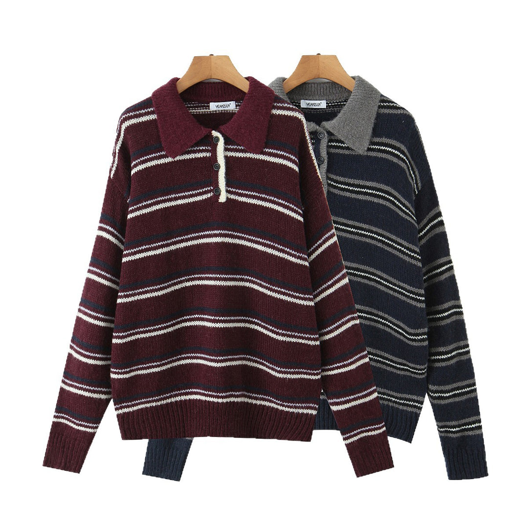Damen Gestreifter Strickpullover mit Polokragen und oversize Ärmeln Echoarchiv