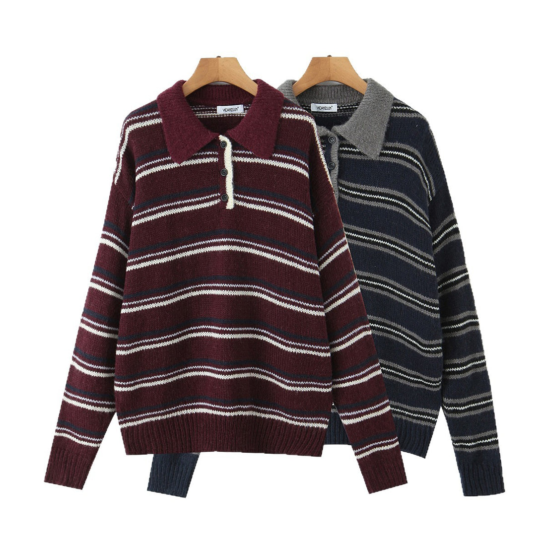 Damen Gestreifter Strickpullover mit Polokragen und oversize Ärmeln Echoarchiv