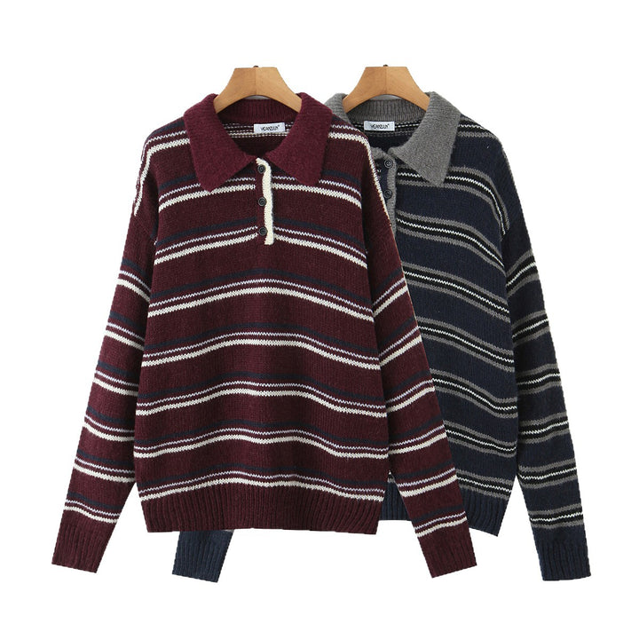 Damen Gestreifter Strickpullover mit Polokragen und oversize Ärmeln Echoarchiv