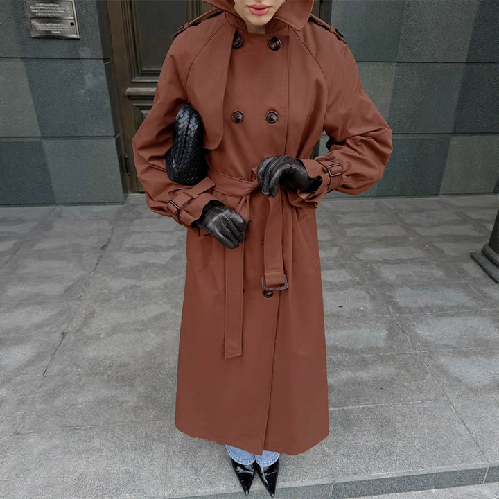 Damen Lang geschnittener wasserabweisender Trenchcoat mit hohem Stehkragen und Taillengürtel Echoarchiv