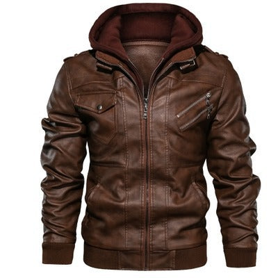 Herren Lederimitat-Fieldblouson mit innenliegendem Hoodie, Reißverschluss-Brusttaschen und Rippbündchen – Taviero