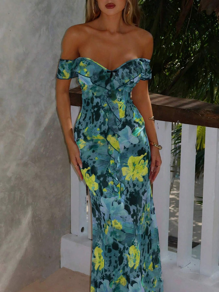Damen Off-Shoulder Maxikleid mit floralem Muster und Rüschendetails Echo Archiv