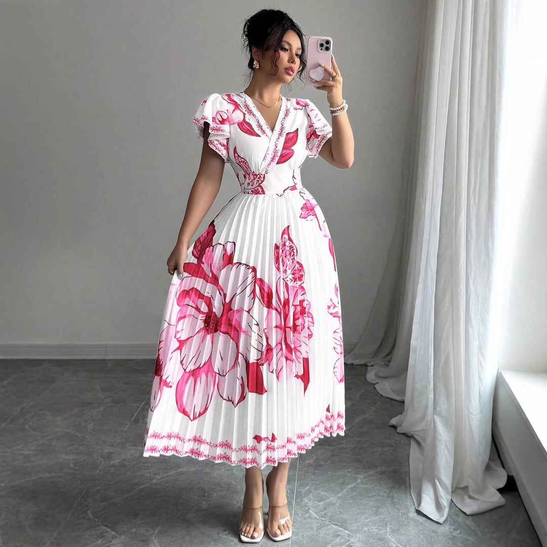 Damen Plissiertes Maxi-Jersey-Kleid mit floralen Akzenten und V-Ausschnitt Echo Archiv