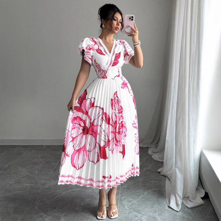 Damen Plissiertes Maxi-Jersey-Kleid mit floralen Akzenten und V-Ausschnitt Echo Archiv