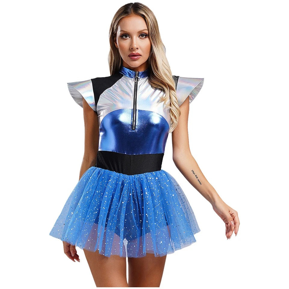 Damen Futuristisches Glitzer-Cocktailkleid mit transparentem Tüll und verstellbarem Reißverschluss Echo Archiv