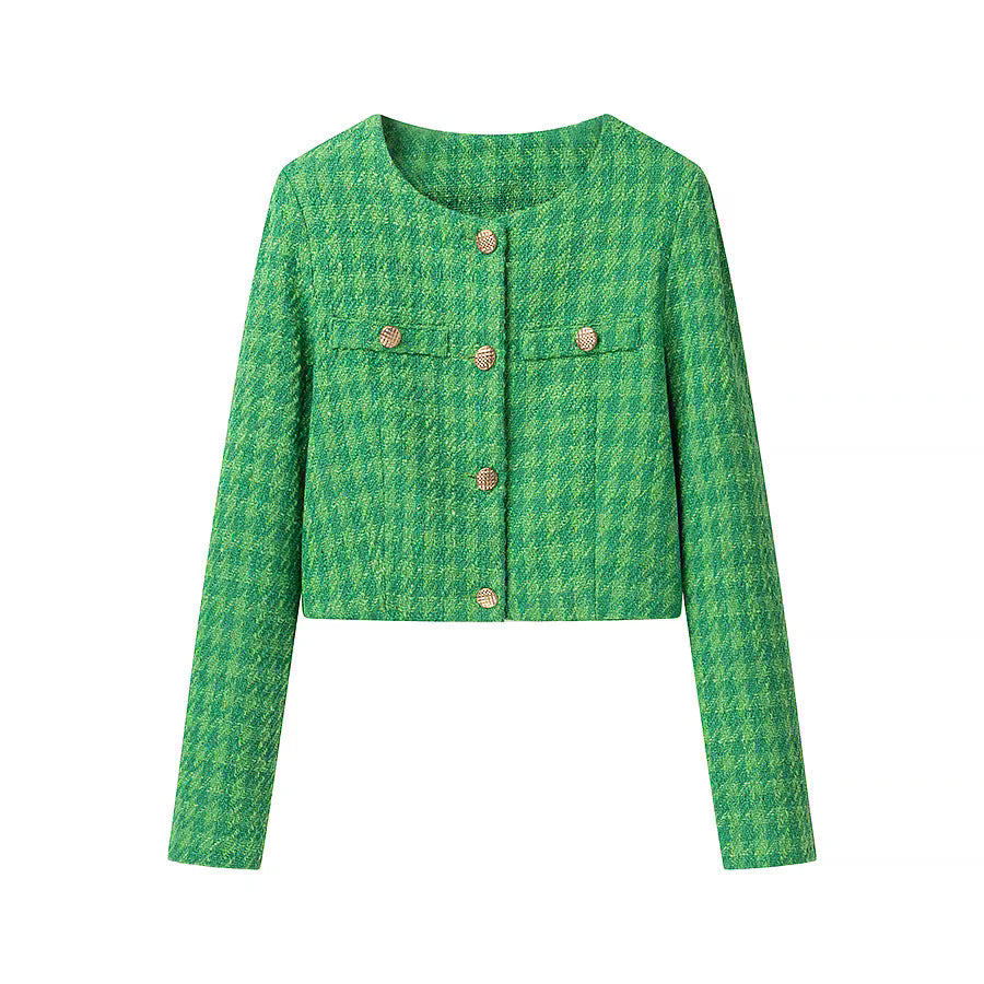 Damen kurzes Bouclé-Tweed Jackett mit Rundhalsausschnitt, Zierknöpfen und aufgesetzten Brustpaspeln – Célinea