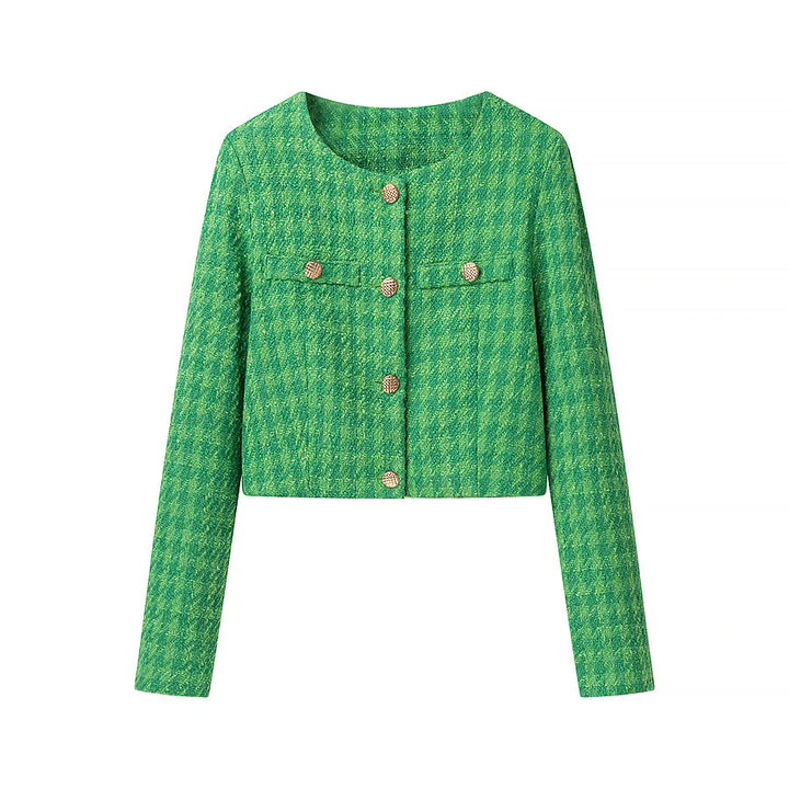 Damen kurzes Bouclé-Tweed Jackett mit Rundhalsausschnitt, Zierknöpfen und aufgesetzten Brustpaspeln – Célinea