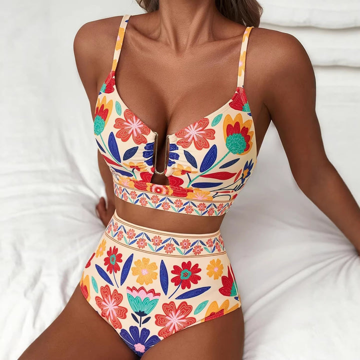 Damen Hoch geschnittener Bikini mit floralem Muster und Leo-Print Echo Archiv