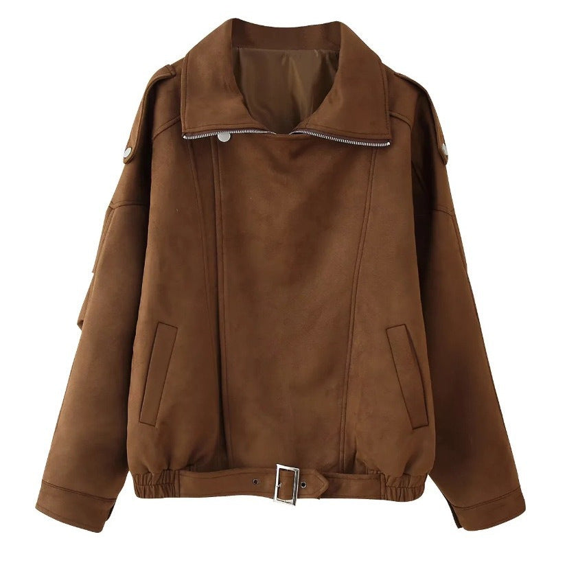 Damen nan oversized Velours-Bikerjacke mit Stehkragen, Schulterklappen und taillierbarem Hüftgürtel Echo Archiv