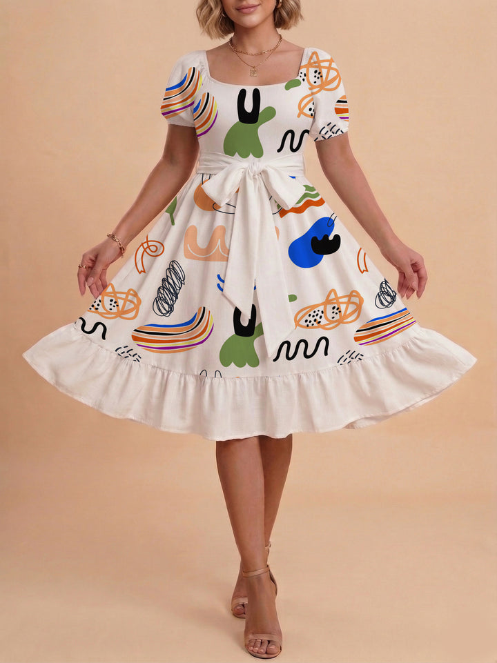 Damen Sommerkleid mit floralem Puffärmel und taillierbarem Gürtel Echo Archiv