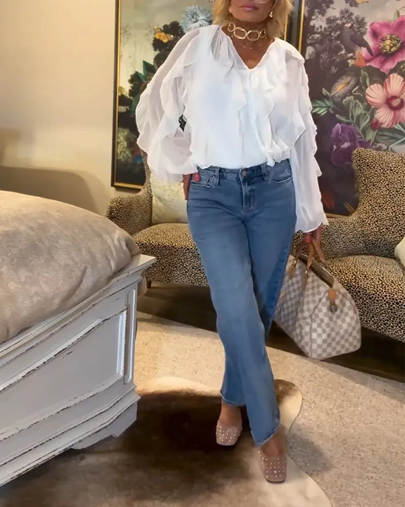 Damen nan semitransparente Lagenvolant-Bluse aus Chiffon mit Ballonärmeln und verdeckter Knopfleiste Echo Archiv