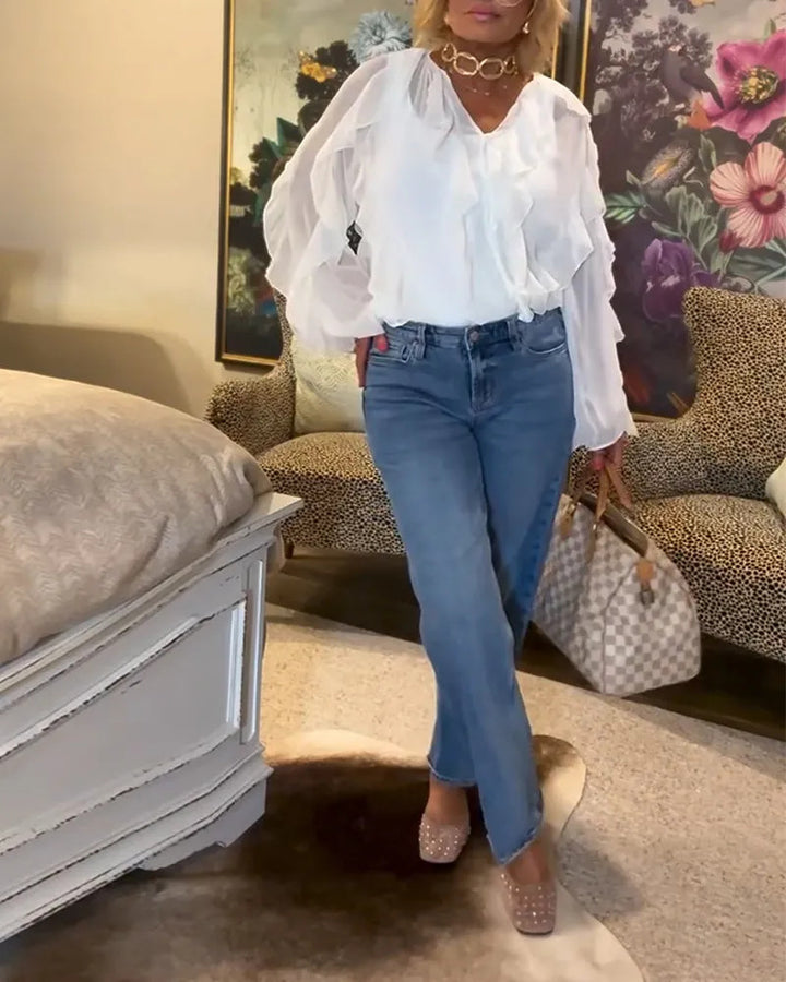 Damen nan semitransparente Lagenvolant-Bluse aus Chiffon mit Ballonärmeln und verdeckter Knopfleiste Echo Archiv