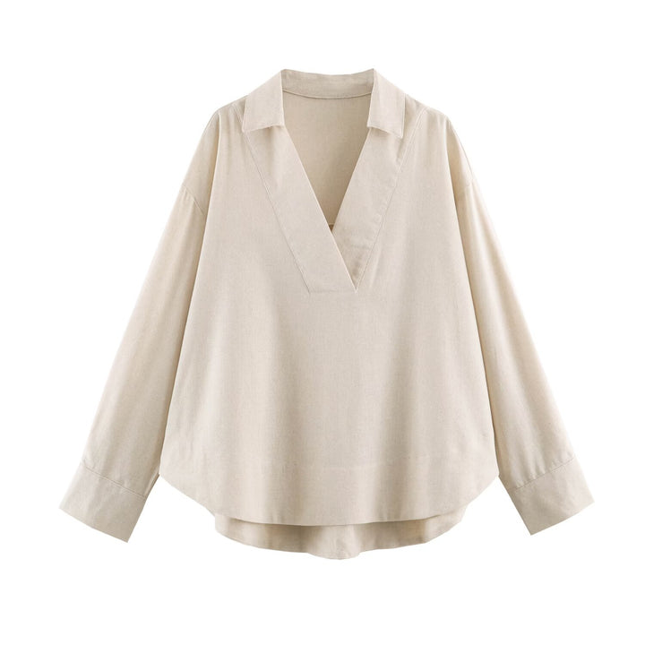 Damen Oversize Leinen-Mix Bluse mit tiefem V-Ausschnitt und Hemdkragen Echo Archiv