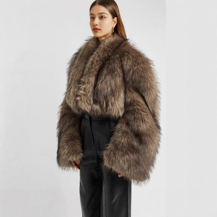 Damen Kurze voluminöse Crop-Faux-Fur-Jacke mit verlängerten Ärmeln Echo Archiv