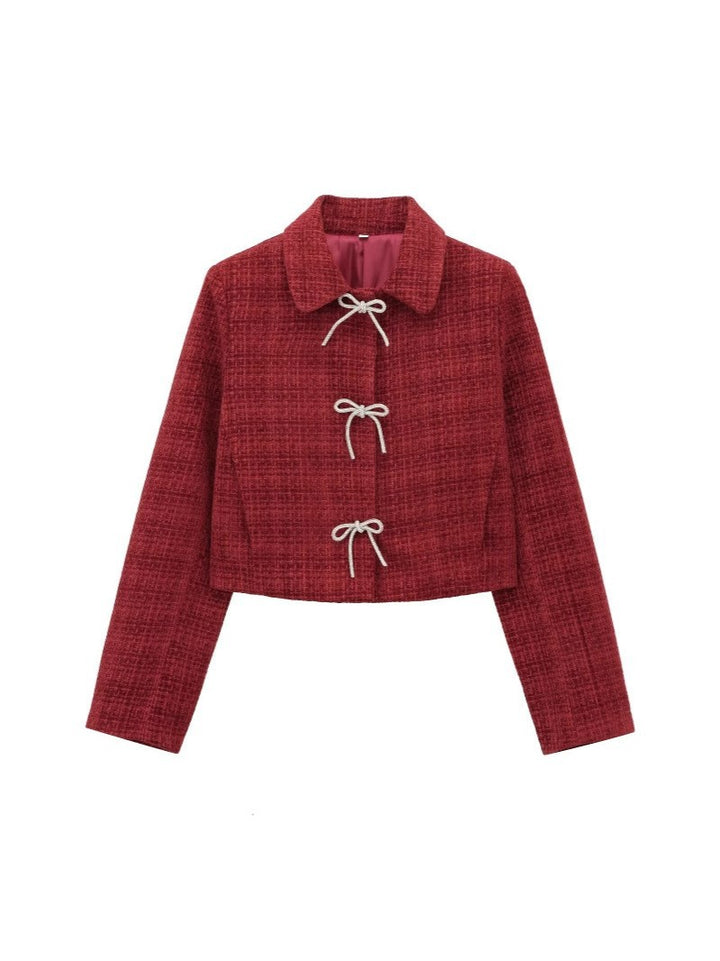 Damen Kurze Bouclé‑Tweed‑Jacke mit Peter‑Pan‑Kragen und dekorativen Schleifenverschlüssen Echo Archiv