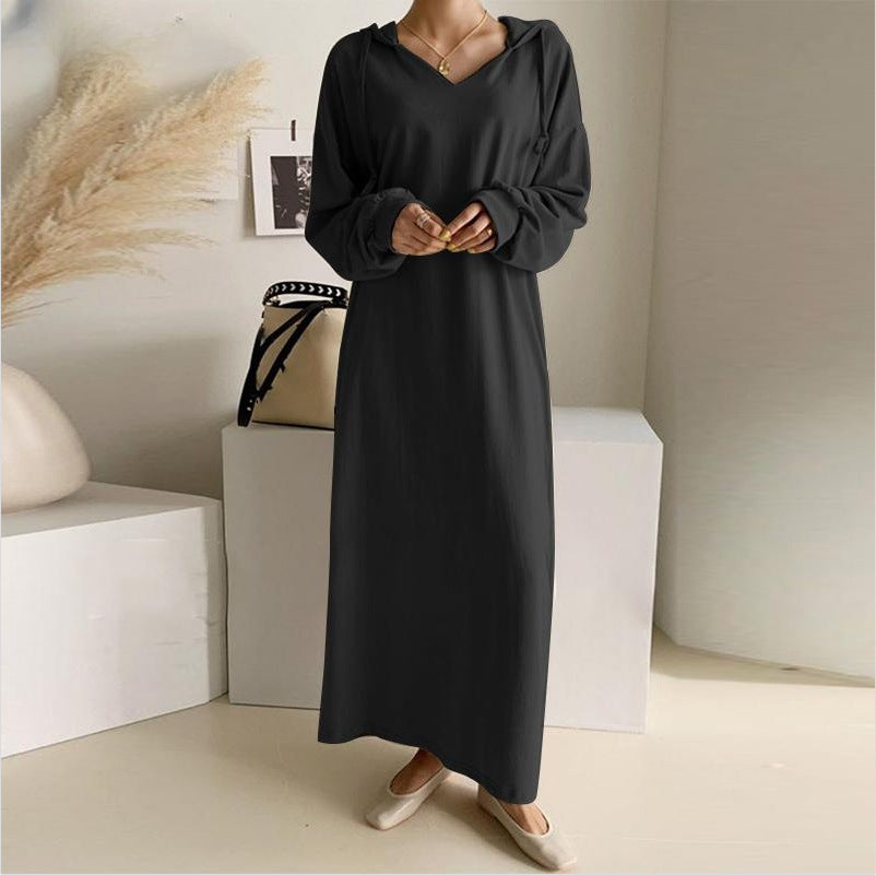Damen nan lässiges Kapuzen-Maxikleid mit V-Ausschnitt, langen Ärmeln, lockerem geradem Schnitt und elastischen Bündchen Echo Archiv