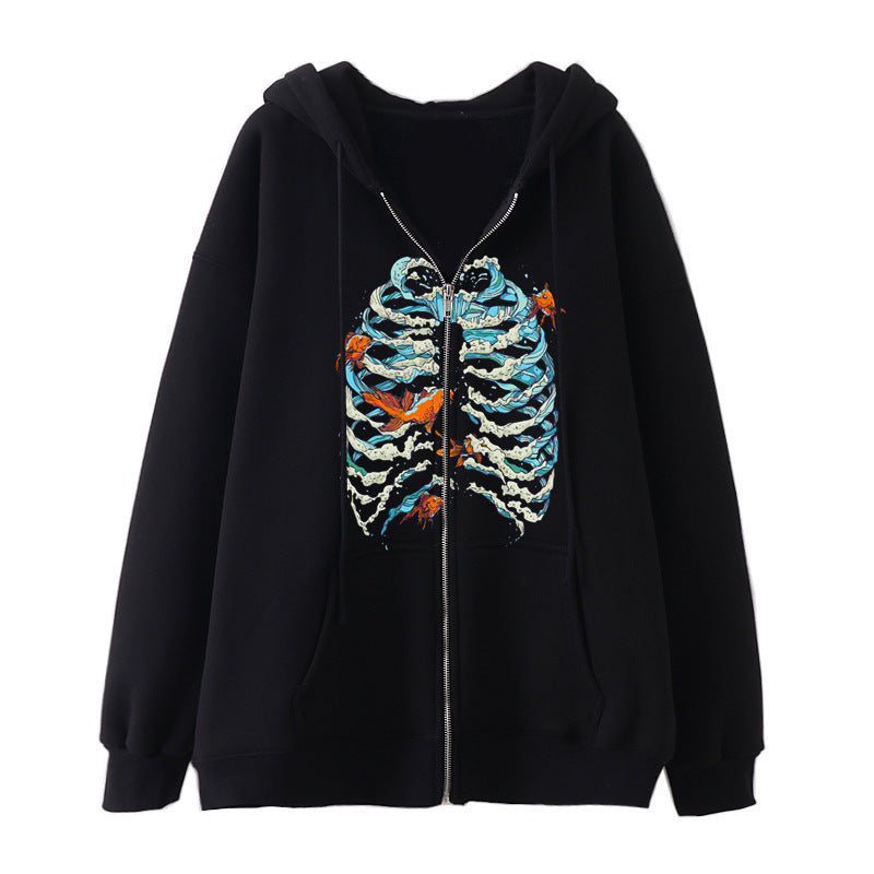 Damen Kapuzenjacke mit durchgehendem Reißverschluss und Rippenherz-Print – Auréline