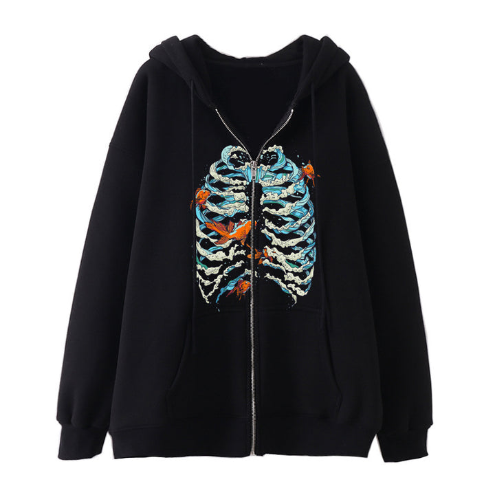 Damen Kapuzenjacke mit durchgehendem Reißverschluss und Rippenherz-Print – Auréline