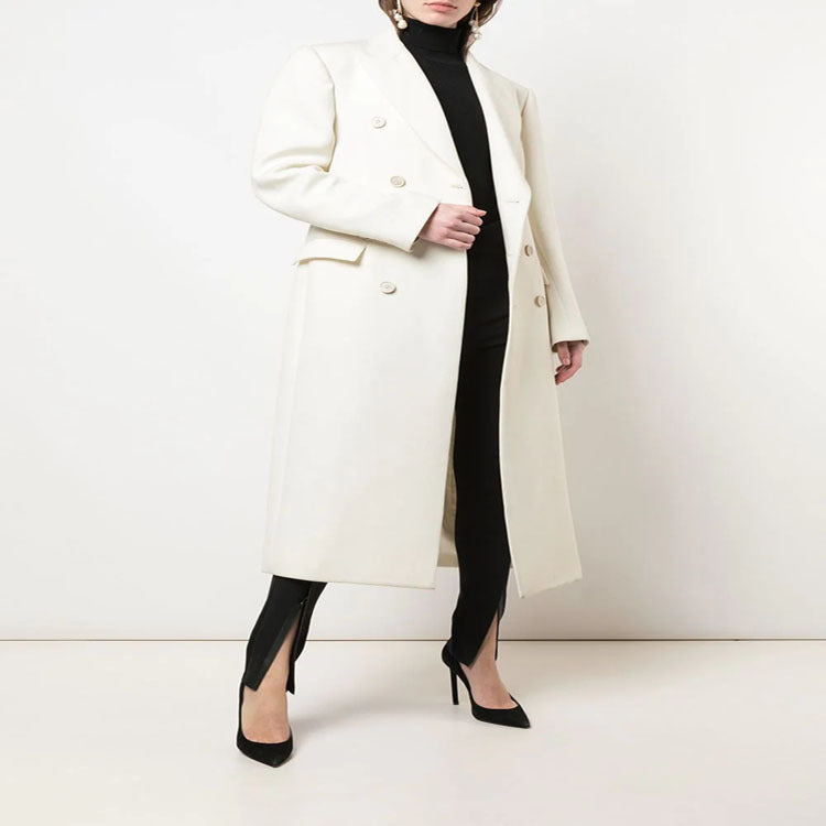 Damen Schmal geschnittener zweireihiger Wollmix‑Longcoat mit markanter Schulter Echoarchiv