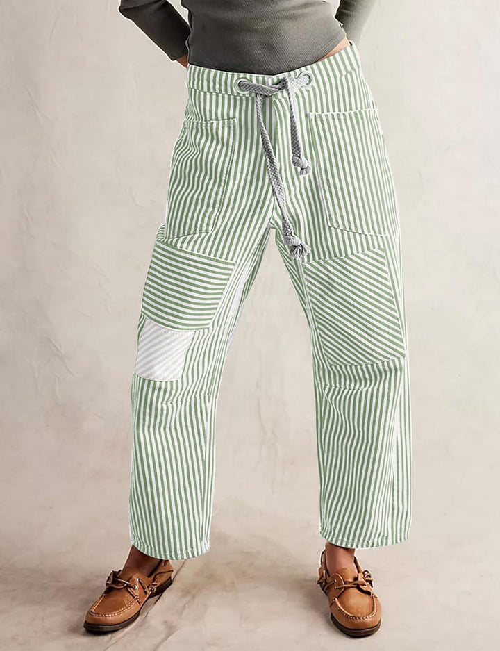 Damen nan lässige gestreifte Leinenhose mit Kordelzug und aufgesetzten Taschen Echo Archiv