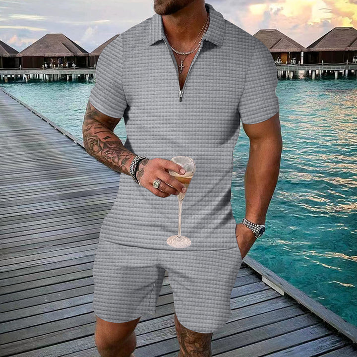 Herren modisches Kurzarm-Set mit schmalem Kragen und praktischem Zipper Echoarchiv
