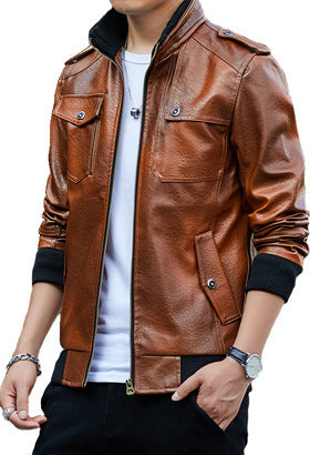 Herren Kunstleder-Flightjacke mit Brust- und Reißverschlusstaschen, Stehkragen und Rippbündchen – Taviero