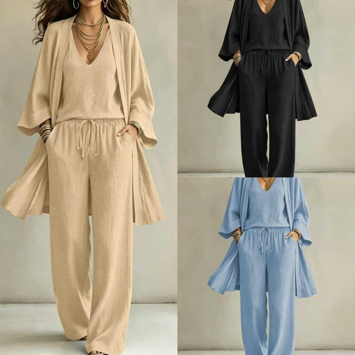 Damen Leichtes Lounge-Set mit Kimono-Cardigan, V‑Ausschnitt-Top und weitem Kordelbund-Hose – Élanora