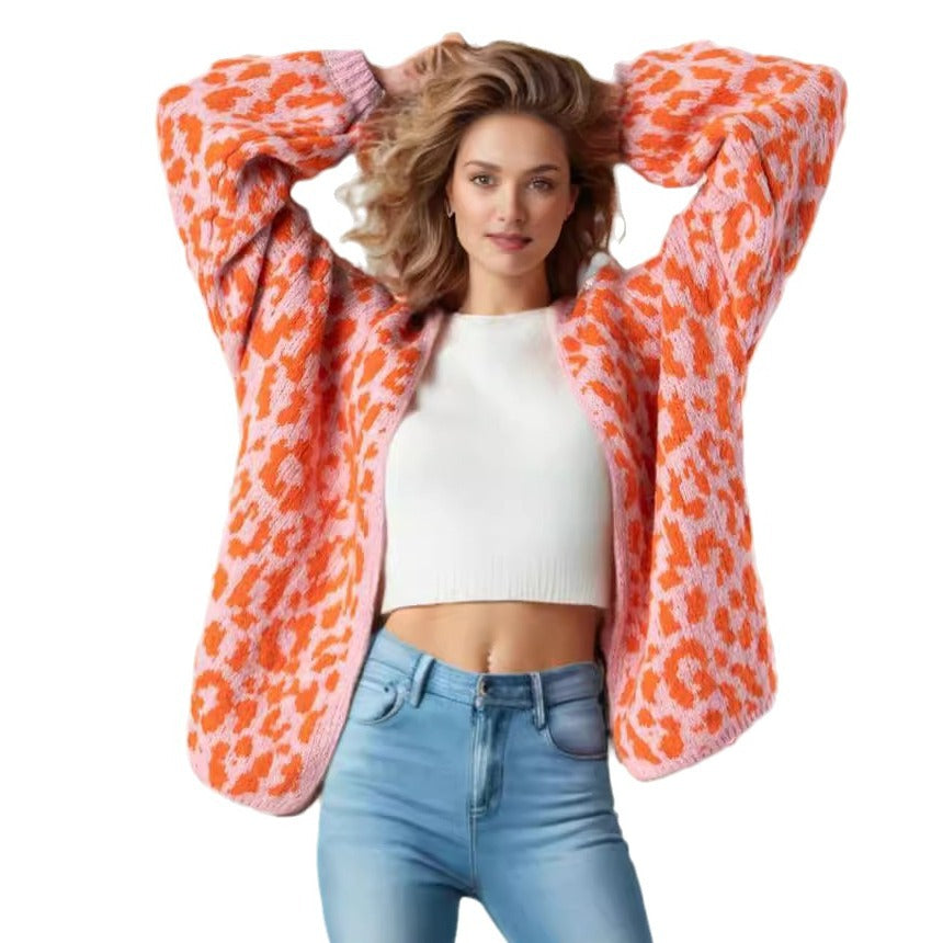 Damen grob gestrickter Cardigan mit stilvollem Leopardenmuster und bequemen Oversize-Details Echoarchiv