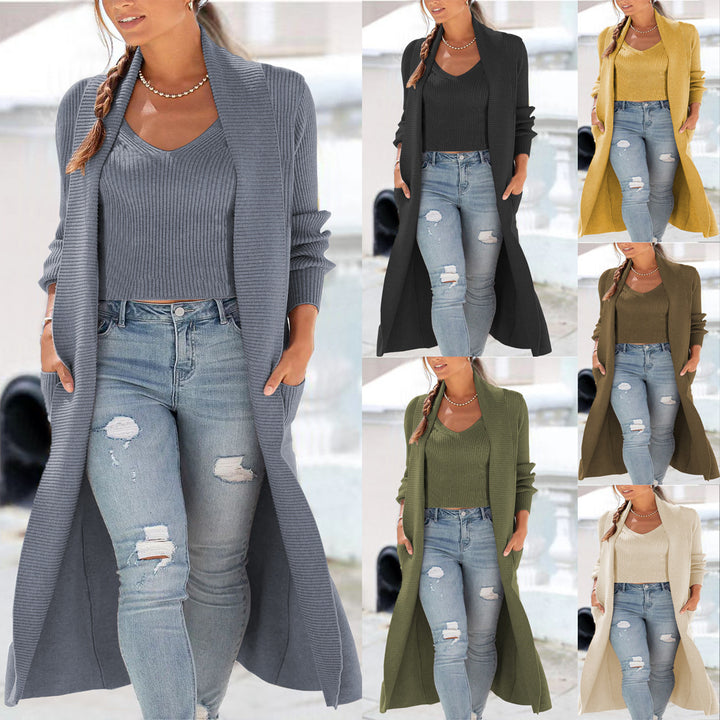 Damen Longline-Strickset mit offenem Longcardigan, Schalkragen und geripptem Crop-Top – Veloura