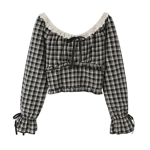 Damen Schulterfreies Karo-Cropped-Top mit Spitzenbesatz, geraffter Taille und Bindebändern Echoarchiv