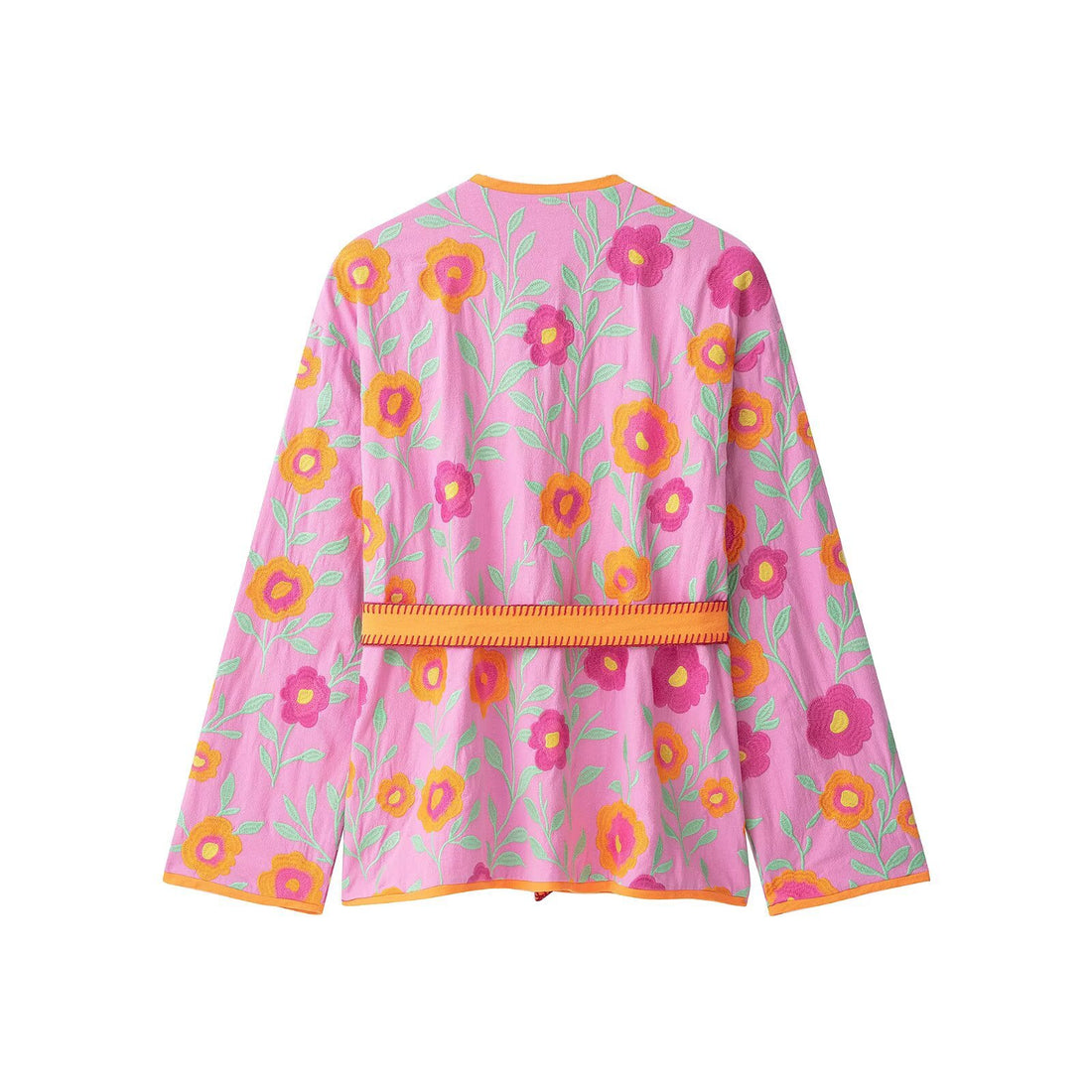 Damen Bestickter Kurzkimono aus Baumwollmischung mit Bindegürtel und V-Ausschnitt Echo Archiv