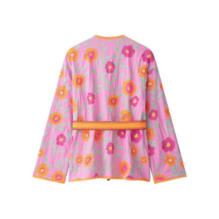 Damen Bestickter Kurzkimono aus Baumwollmischung mit Bindegürtel und V-Ausschnitt Echo Archiv