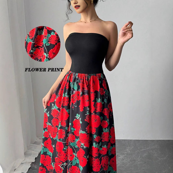 Damen nan trägerloses Maxikleid mit figurbetontem Bandeau-Oberteil und ausgestelltem Rosen-Print-Rock Echo Archiv