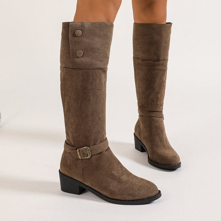 Damen kniehohe Velourslederstiefel mit niedrigem Blockabsatz und Zierriemen – Lioré