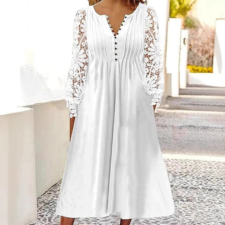 Damen nan wadenlanges A-Linien-Sommerkleid mit gehäkelten Langärmeln, Biesenoberteil und Zierknopfleiste Echo Archiv